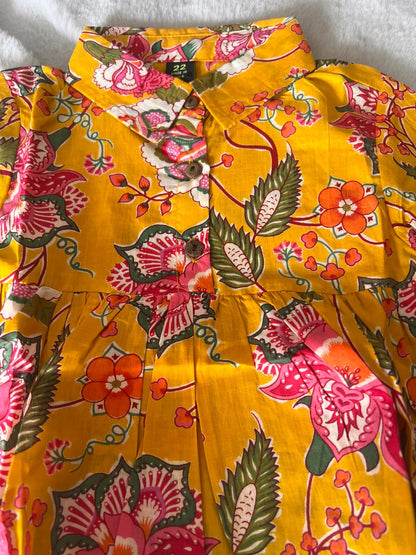 Yellow Printed Cotton Dress with Collor
