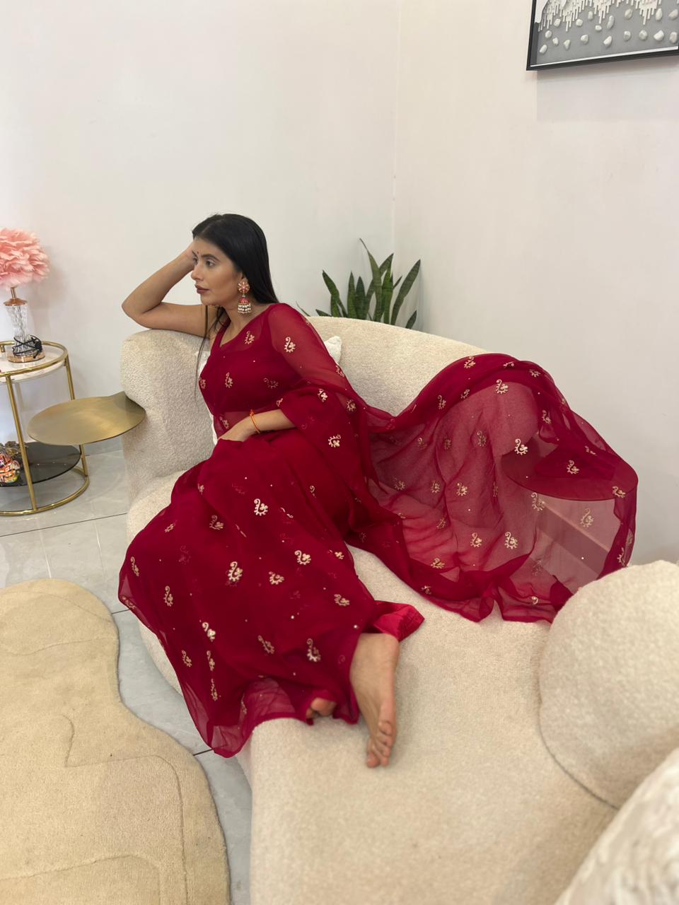 Magenta Pink Pure Chiffon Peta Work Saree