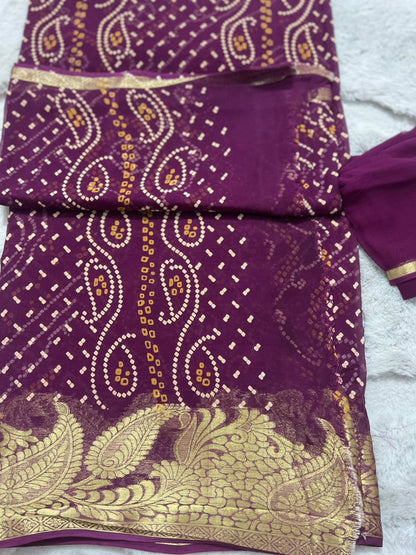Wine Color Pure Georgette Bandini Saree with Beautiful Zari border and Same Fabric Blouse Piece