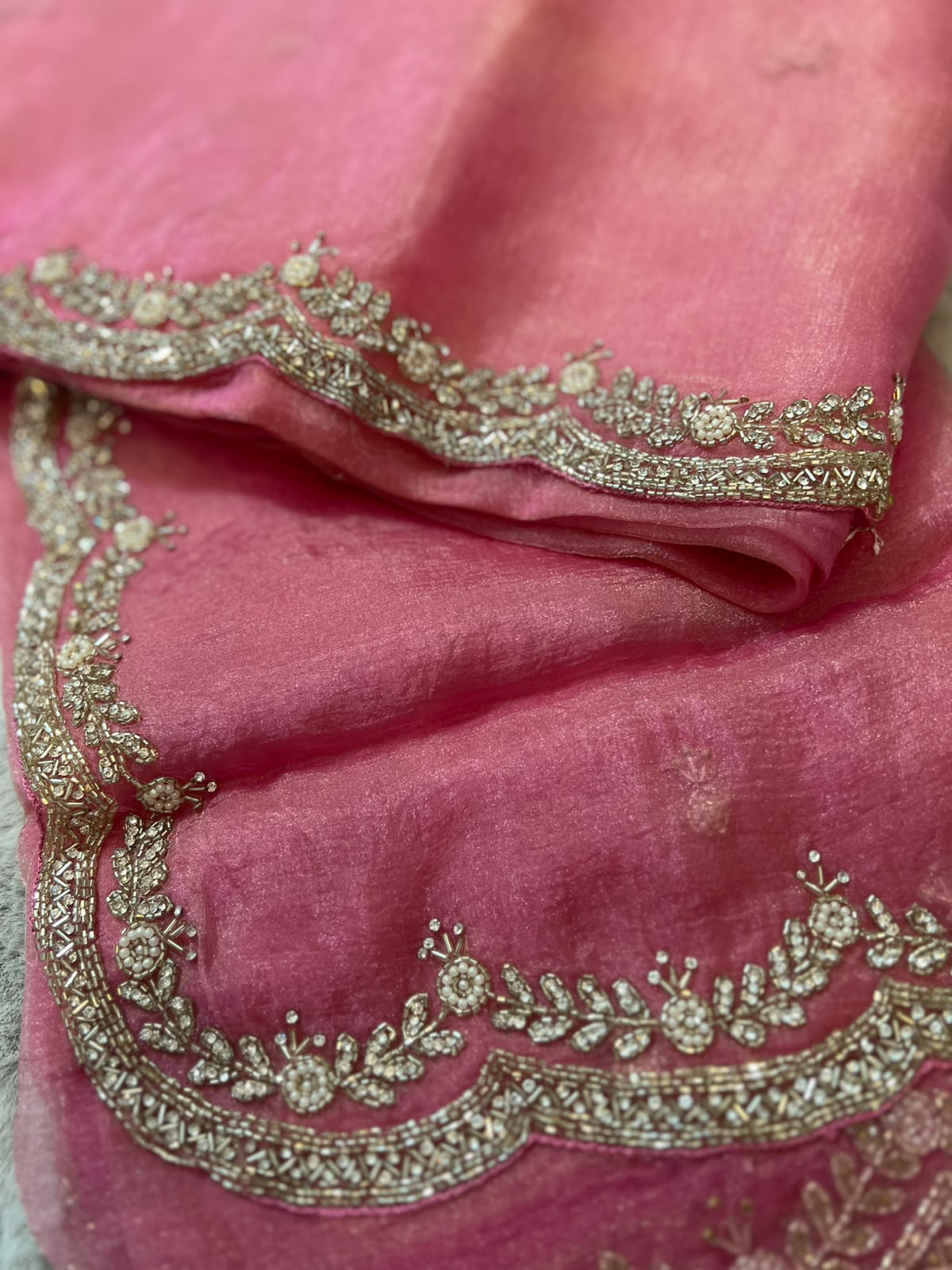 Beautiful Pink Color Fendy Tissue Pearl and Diamond Cut Work Saree