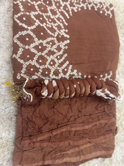 Beautiful Brown Color Designer Mirror Work Haath Ka Bana Bandini Suit (Unstitched)