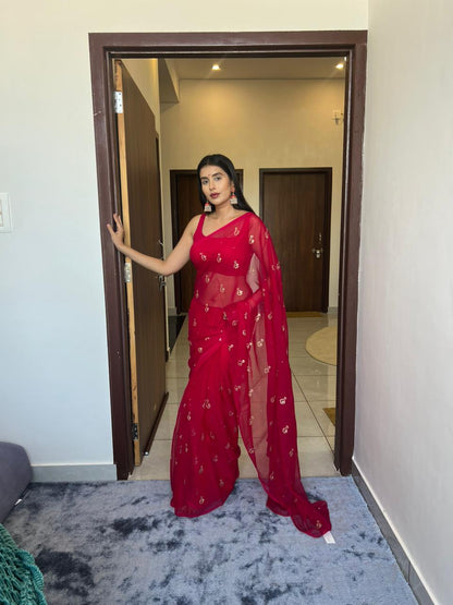 Magenta Pink Pure Chiffon Peta Work Saree