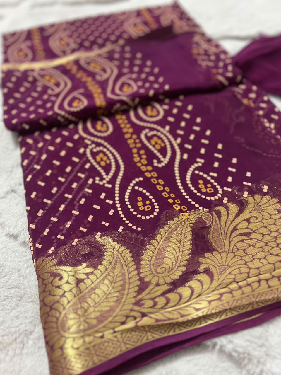 Wine Color Pure Georgette Bandini Saree with Beautiful Zari border and Same Fabric Blouse Piece