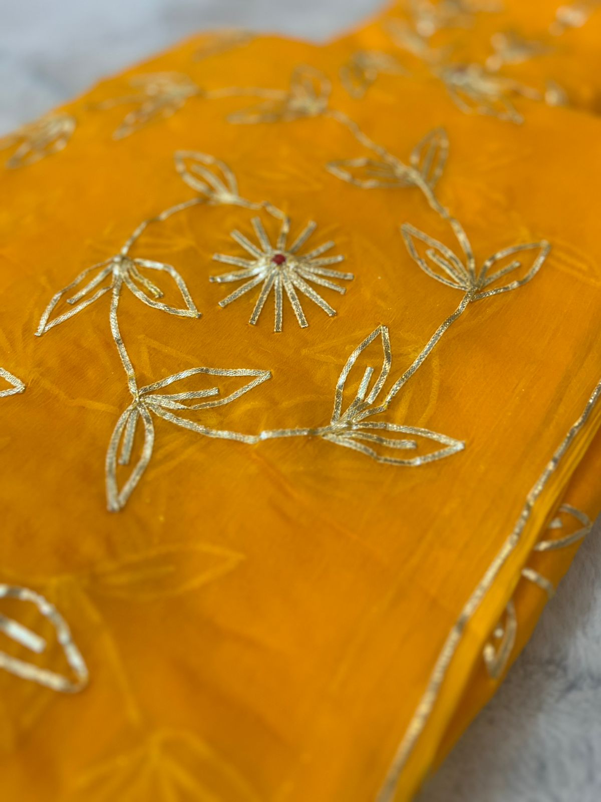 Pure Chiffon Gota Zaal Work Yellow Saree with Pure Crêpe Gota Zaal Work Blouse Piece