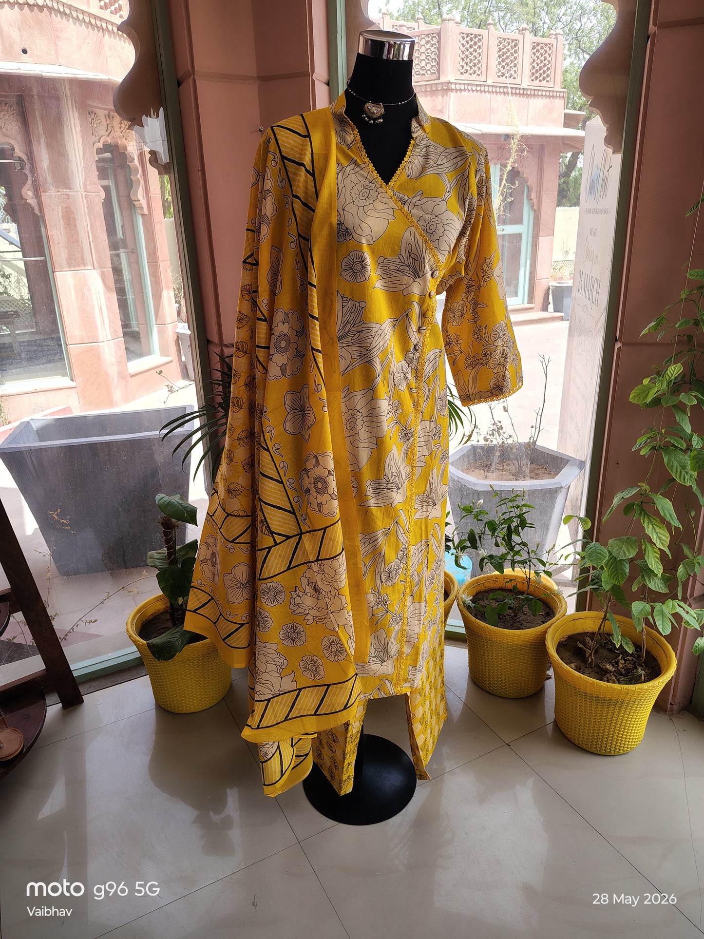 Beautiful Yellow Color Pure Cotton Lace Work with Cotton Duppatta Angrakha Pattern Suit (Size: 6XL)