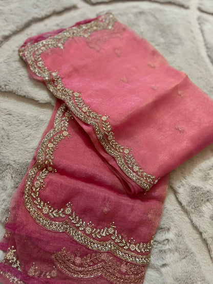 Beautiful Pink Color Fendy Tissue Pearl and Diamond Cut Work Saree