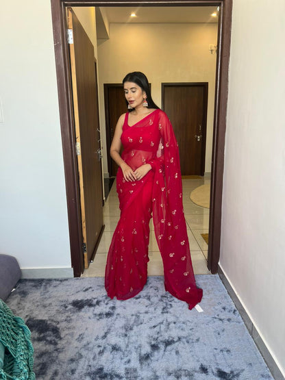 Magenta Pink Pure Chiffon Peta Work Saree