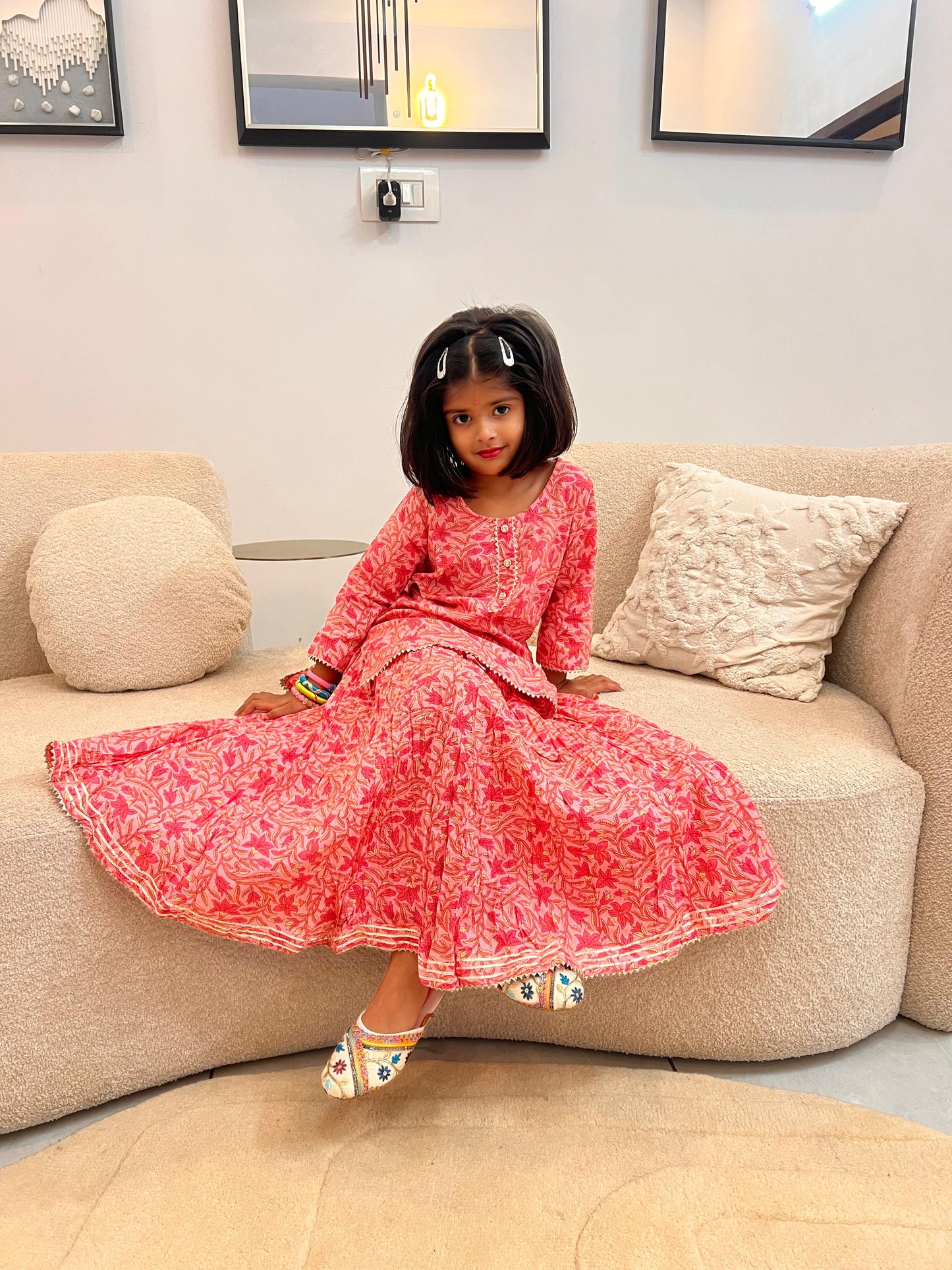 Baby Pink Pure Cotton Long Skirt with Long Kurti Set