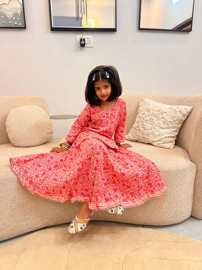 Baby Pink Pure Cotton Long Skirt with Long Kurti Set
