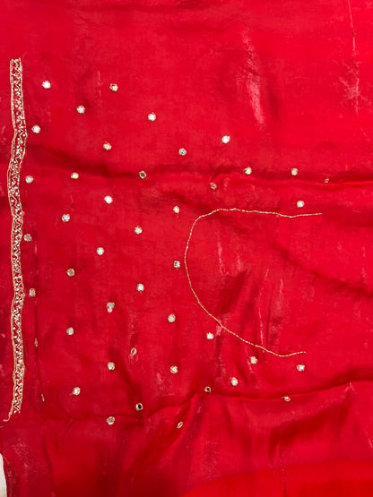 Beautiful Red Color Mirror Work Fendy Tissue Saree with Blouse Piece