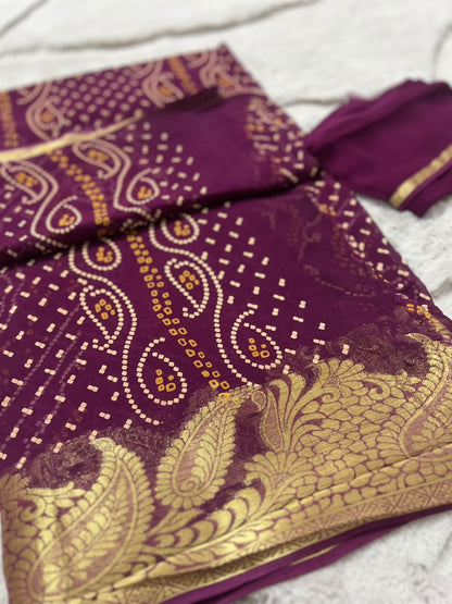 Wine Color Pure Georgette Bandini Saree with Beautiful Zari border and Same Fabric Blouse Piece