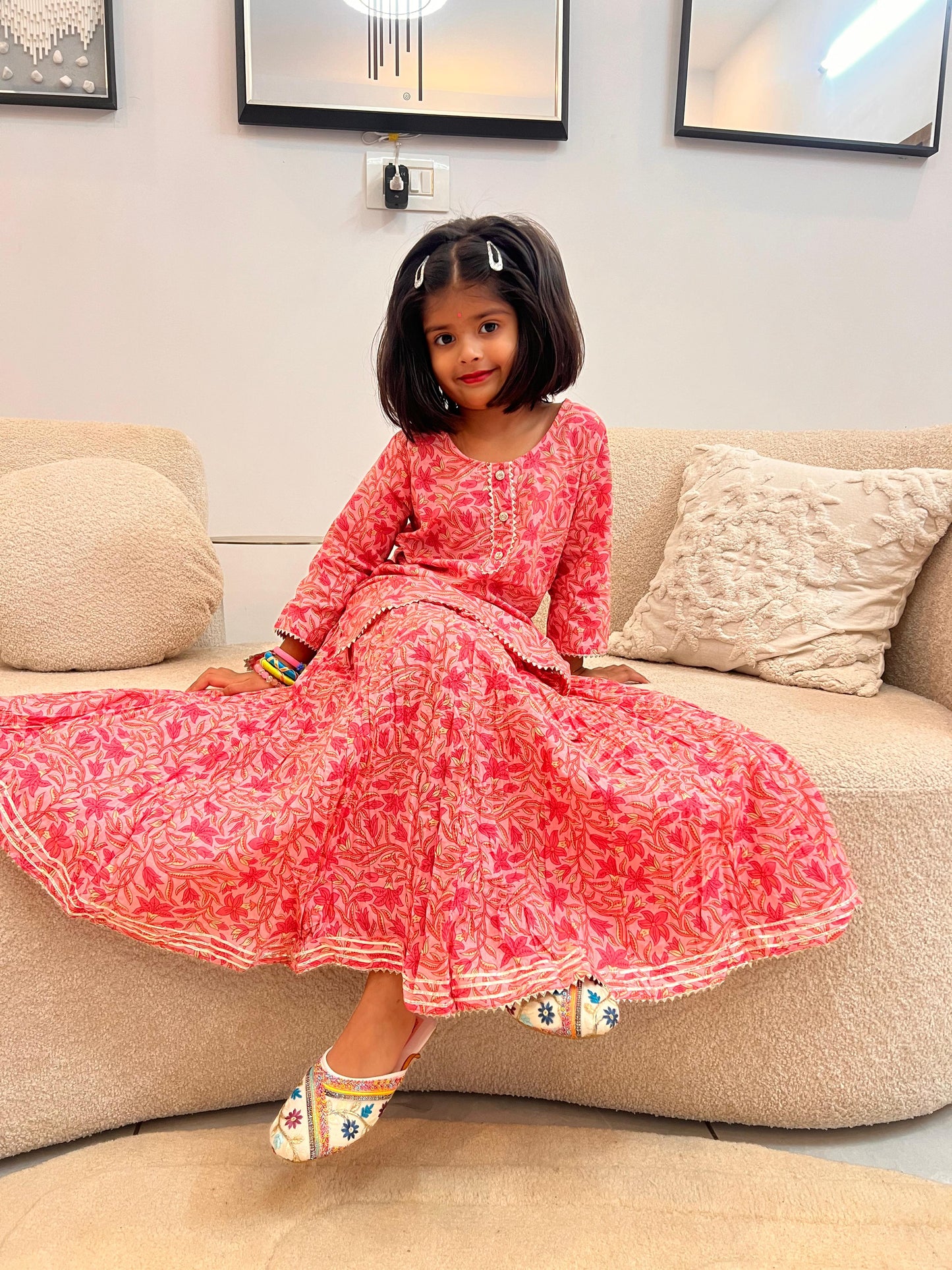 Baby Pink Pure Cotton Long Skirt with Long Kurti Set