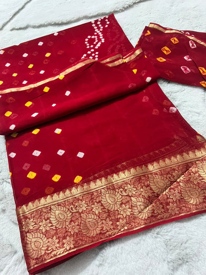 Pure georgette Bandhini Saree with lovely Zari Border and Same Fabric Blouse Piece