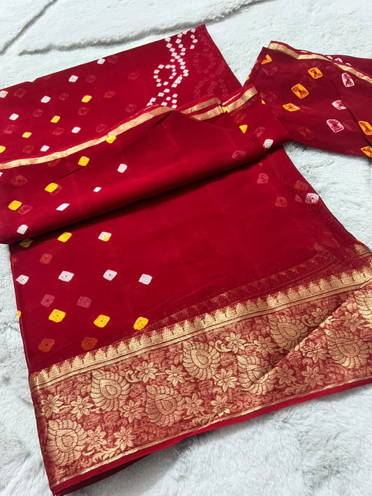 Pure georgette Bandhini Saree with lovely Zari Border and Same Fabric Blouse Piece