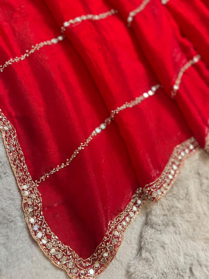 Beautiful Red Color Mirror Work Fendy Tissue Saree with Blouse Piece
