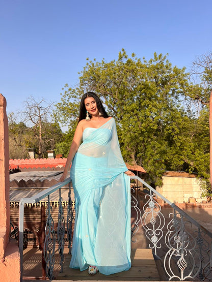 Soft Chiffon Pearl Work (Firoza Teen Patti) Sky Blue Saree