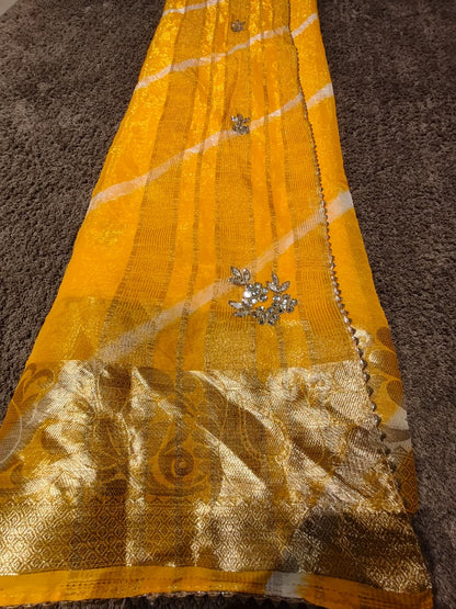 Beautiful Yellow Color Lahariya Designer Saree with Blouse Piece