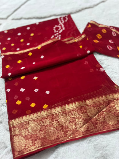 Pure georgette Bandhini Saree with lovely Zari Border and Same Fabric Blouse Piece