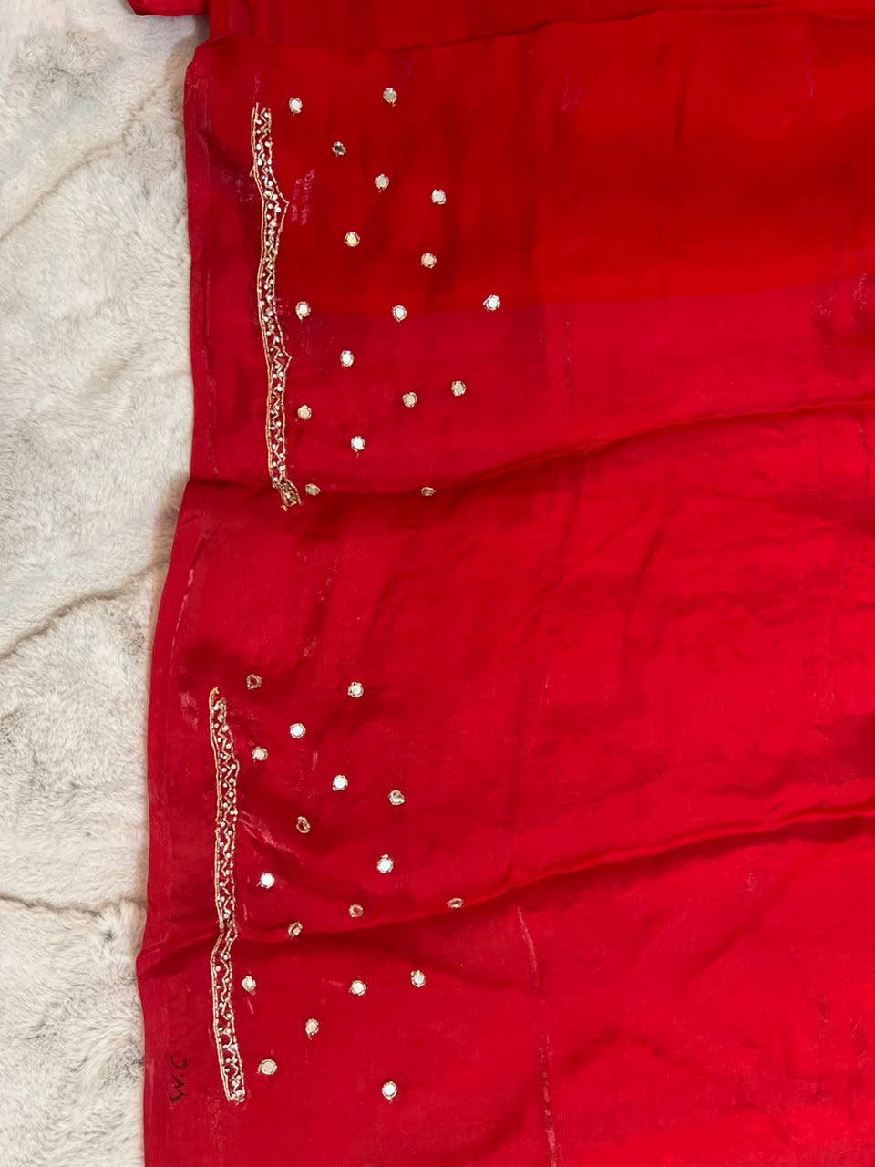 Beautiful Red Color Mirror Work Fendy Tissue Saree with Blouse Piece
