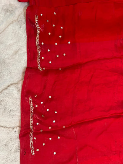 Beautiful Red Color Mirror Work Fendy Tissue Saree with Blouse Piece