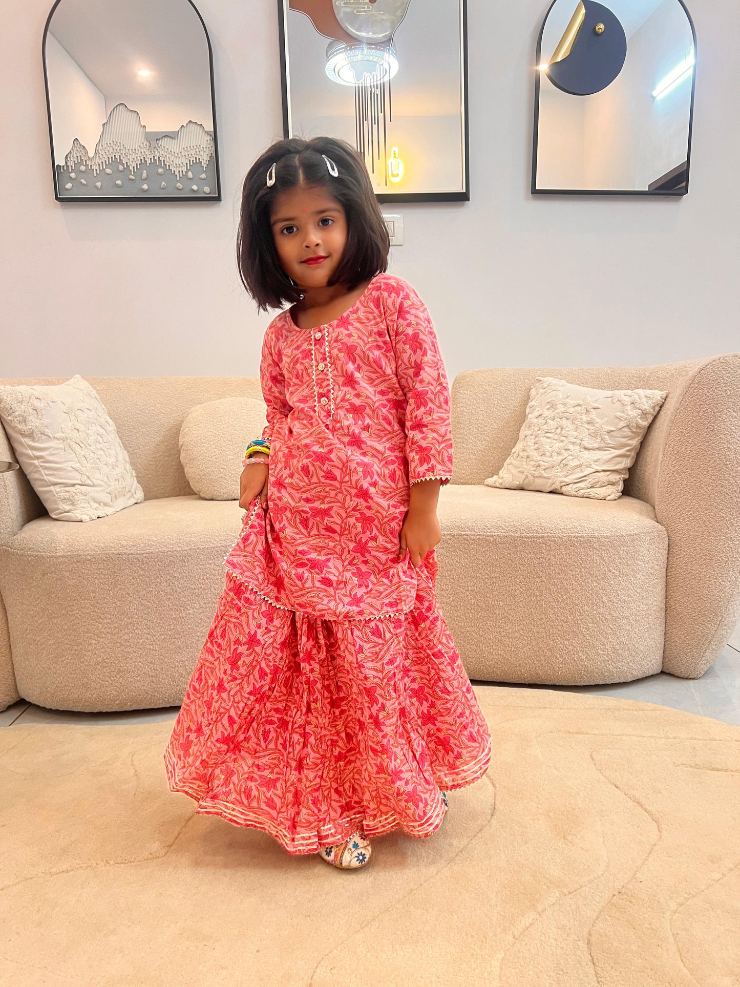 Baby Pink Pure Cotton Long Skirt with Long Kurti Set