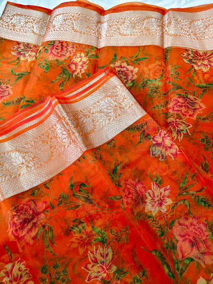 Beautiful Flower Design Heavy Border Saree with Blouse Piece