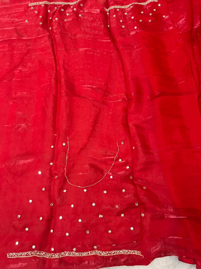 Beautiful Red Color Mirror Work Fendy Tissue Saree with Blouse Piece