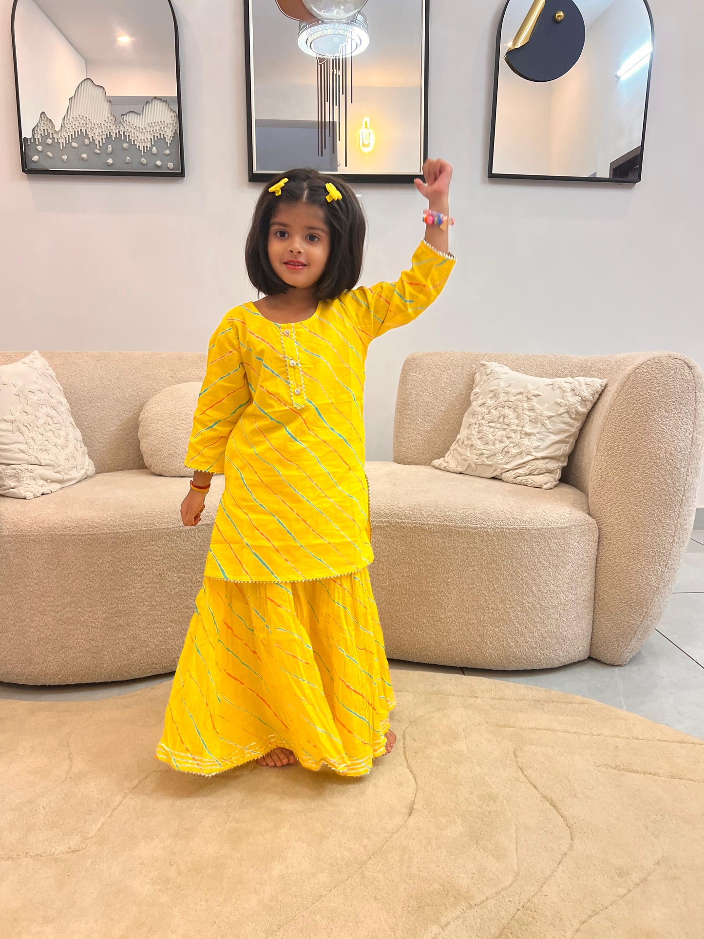 Beautiful Yellow Lahariya Cotton Long Skirt and Kurti Set