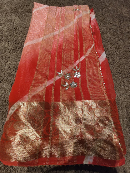 Beautiful Red-Pink Color Lahariya Designer Saree with Blouse Piece