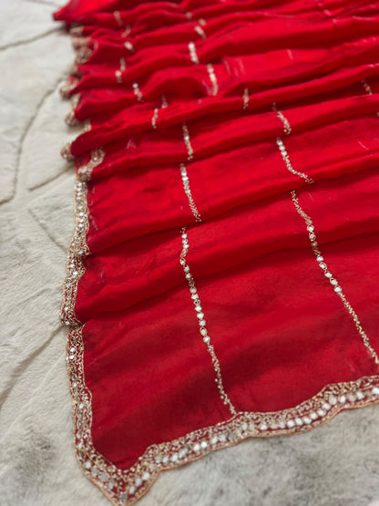 Beautiful Red Color Mirror Work Fendy Tissue Saree with Blouse Piece