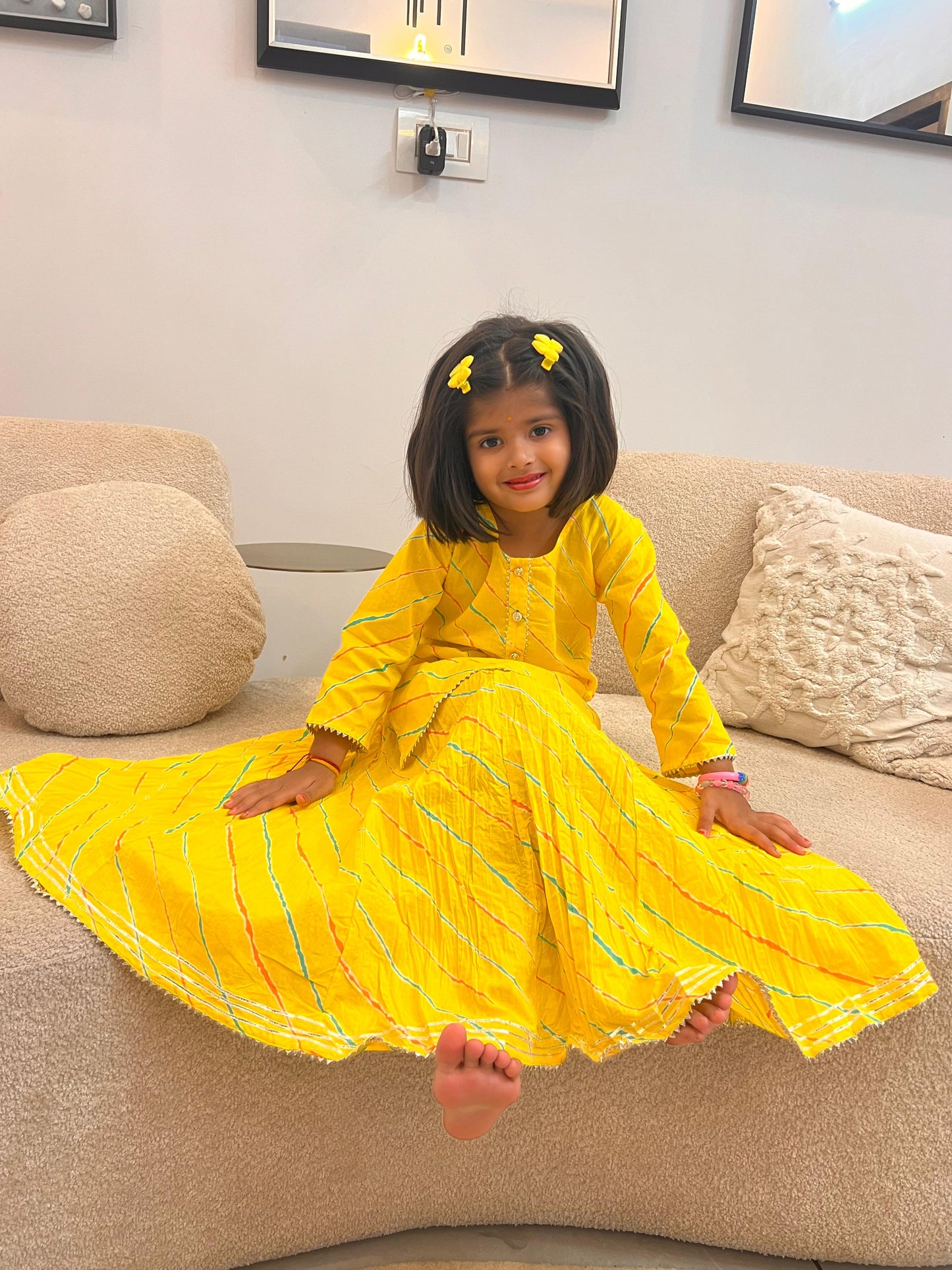 Beautiful Yellow Lahariya Cotton Long Skirt and Kurti Set