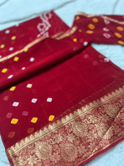 Pure georgette Bandhini Saree with lovely Zari Border and Same Fabric Blouse Piece