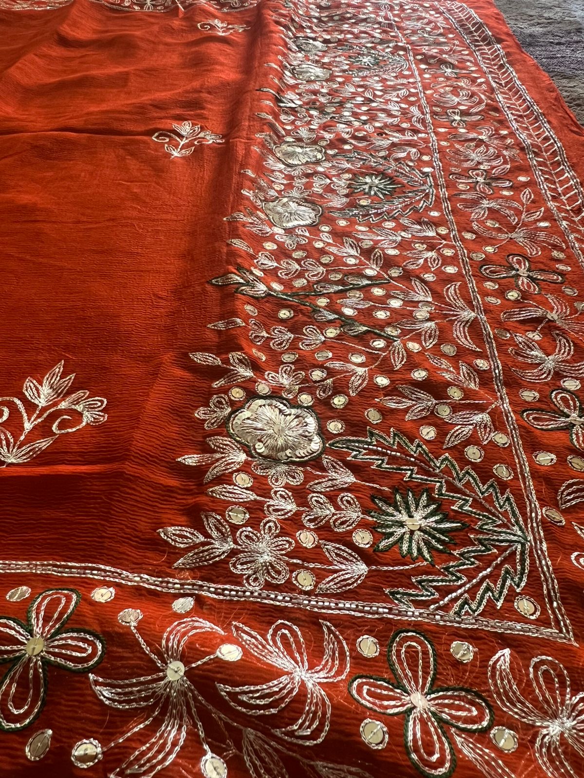 Pure Chiffon Heavy Peta work Rajpooti sari with Pure Chiffon Green Peta work Blouse