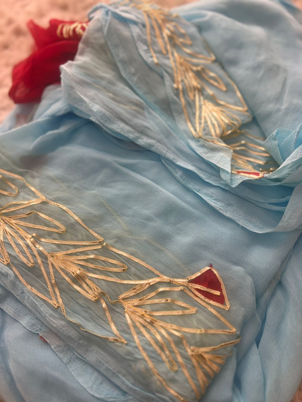 Blue Color Gota Work Chiffon Saree with Red Blouse Piece