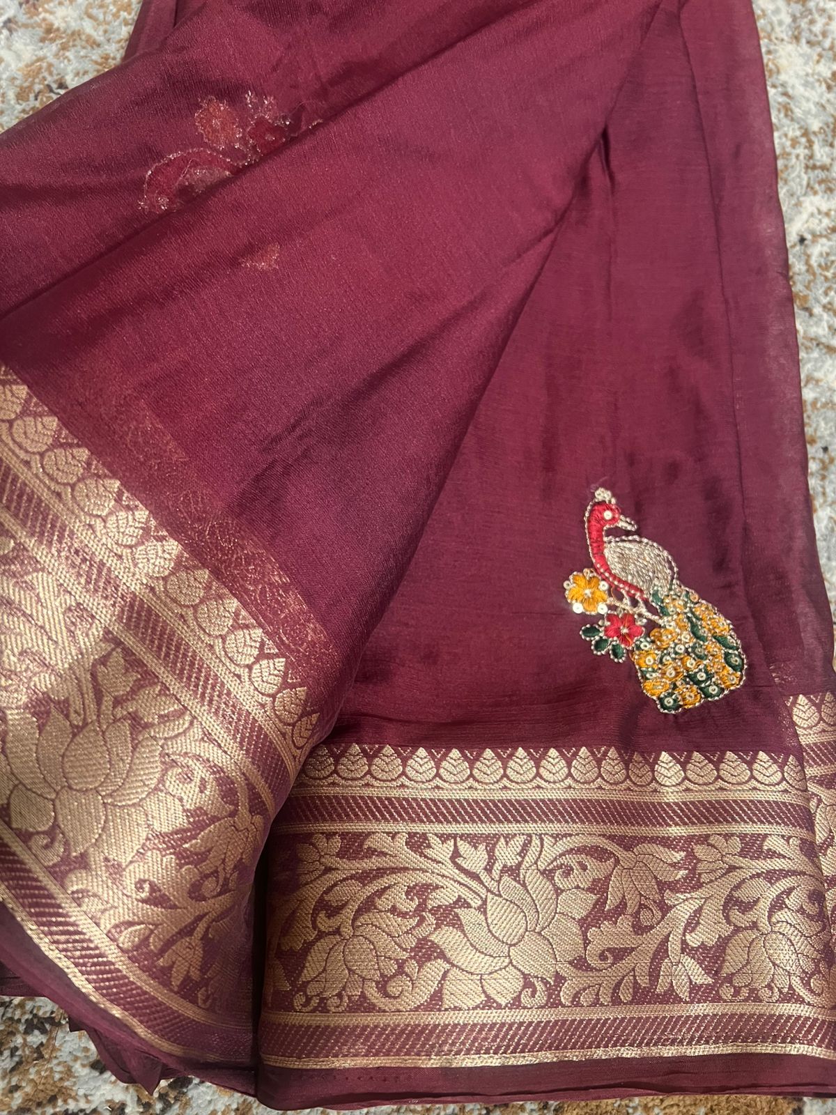 Peacock Design Crepe Saree with Heavy Border