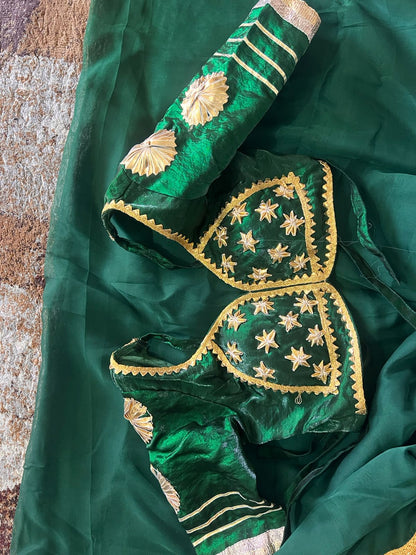 Bottle Green Pure Chiffon Saree with Lovely Border in Golden Colour and Beautiful Angi Blouse Paired with it