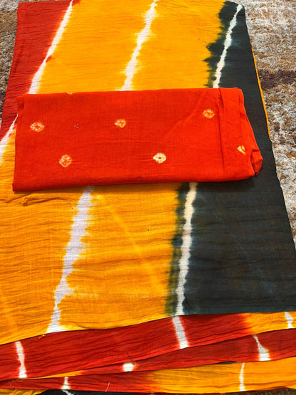 Soft Cotton Malmal Laheriya Saree with Bandhini Blouse Peice
