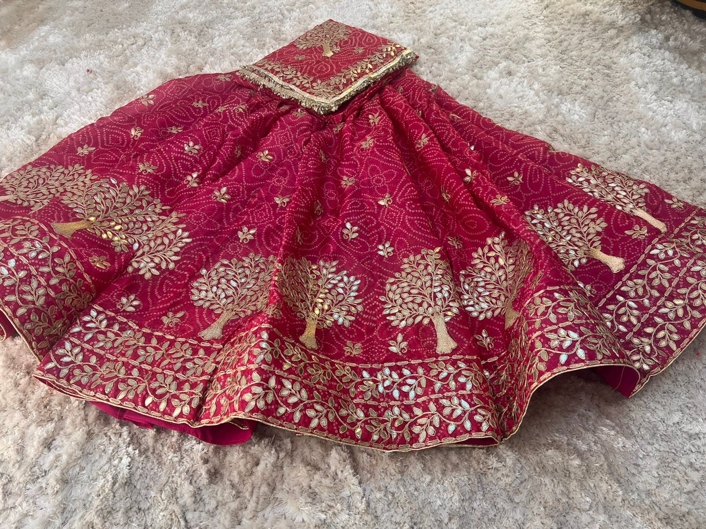 Bandhini with Gota Patti Work Full Ghera Magenta Pink Poshak (Unstitched)