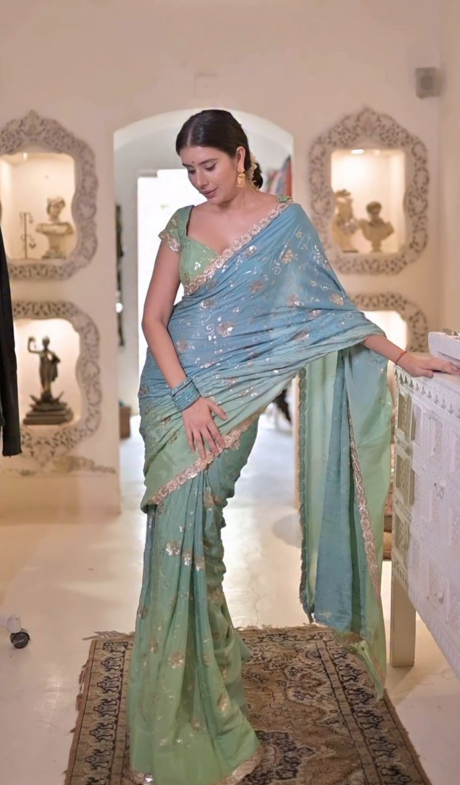 Sea Green Shaded Designer Pure Crêpe Saree with Stitched Mega Sleeves Blouse (36 Chest, Medium to Large)