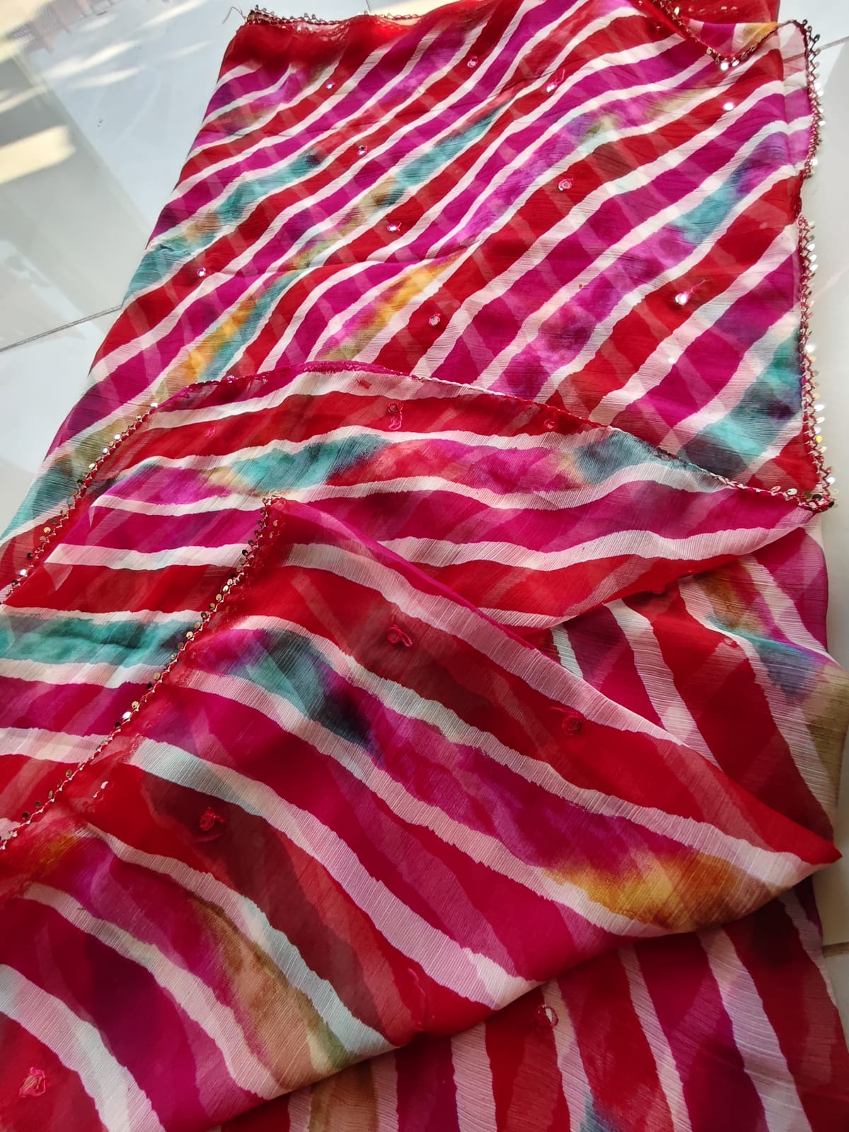 Beautiful Lahariya Mirror Work Saree with Blouse Piece