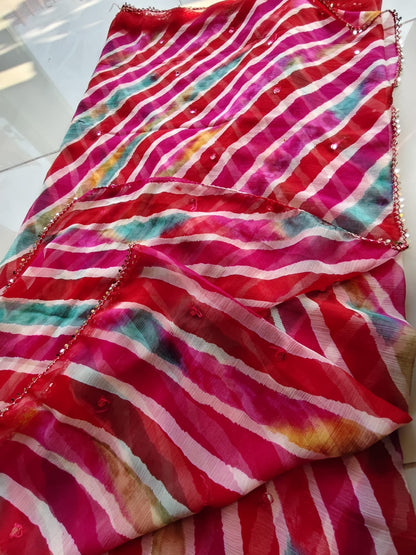 Beautiful Lahariya Mirror Work Saree with Blouse Piece