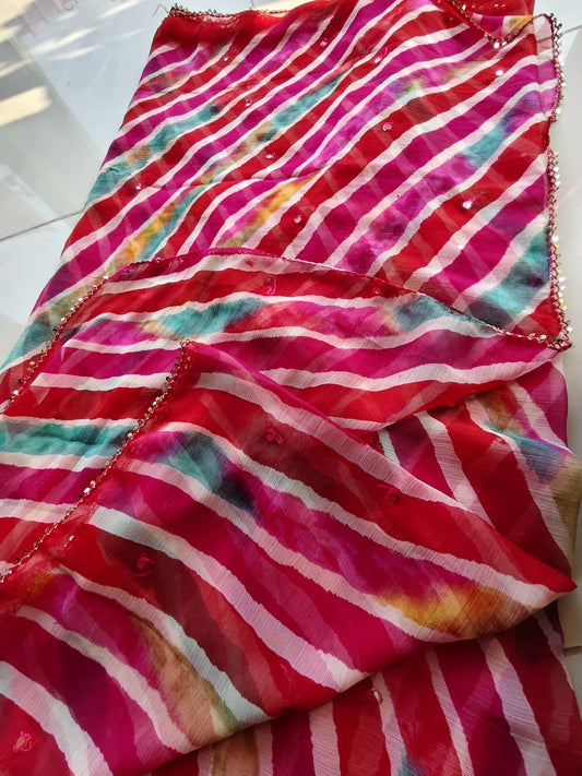 Beautiful Lahariya Mirror Work Saree with Blouse Piece