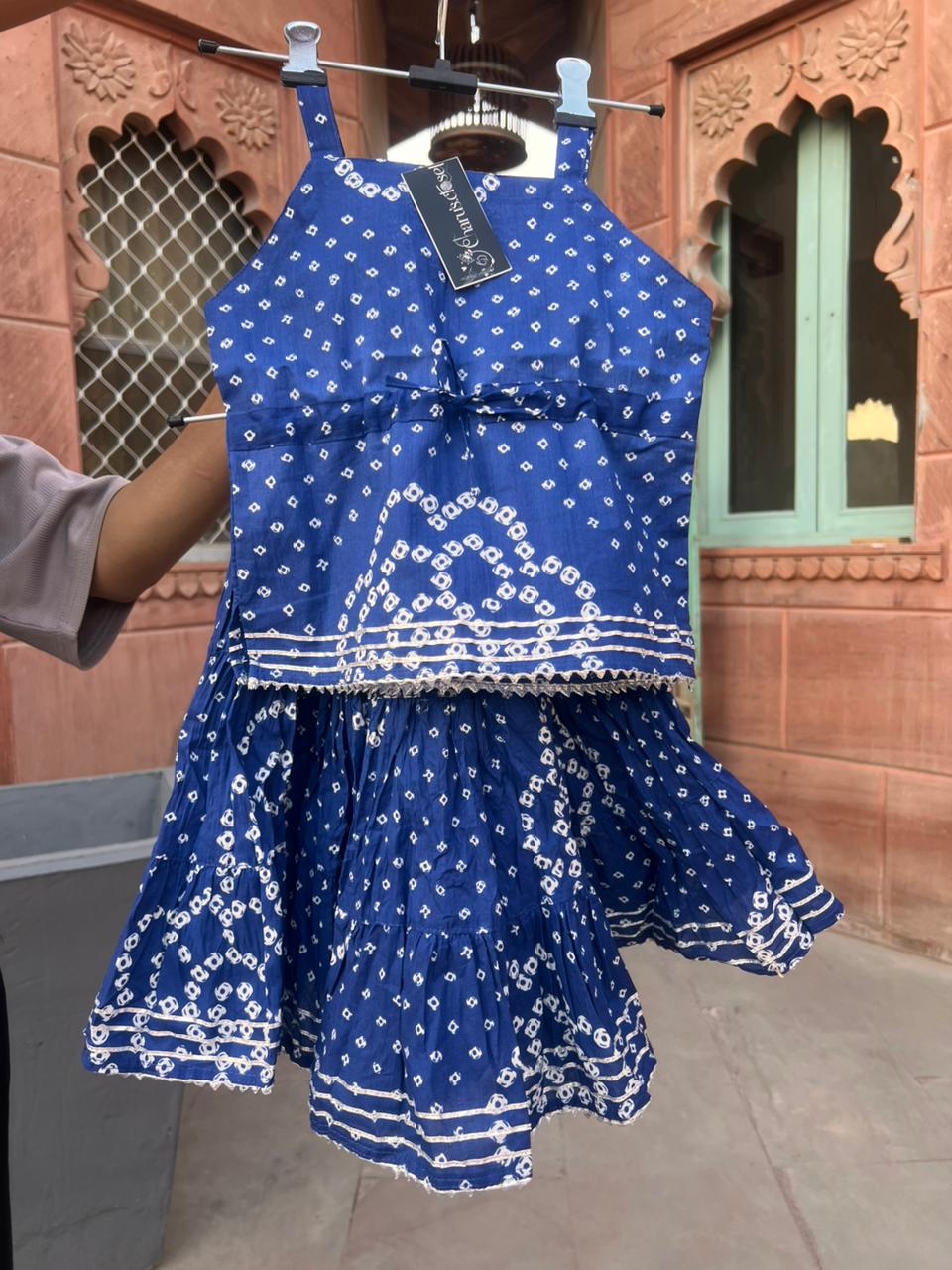 Beautiful Blue Color Cotton Bandhini Kurti and Lehnaga