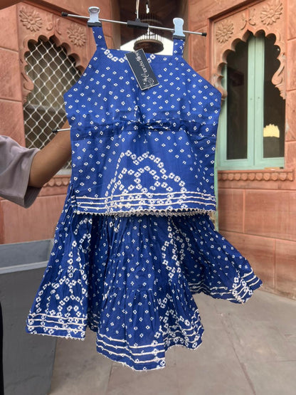 Beautiful Blue Color Cotton Bandhini Kurti and Lehnaga