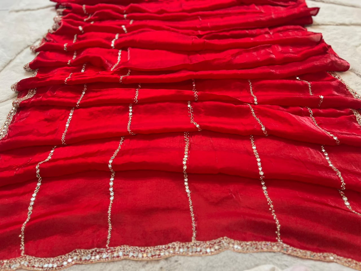 Beautiful Red Color Mirror Work Fendy Tissue Saree with Blouse Piece
