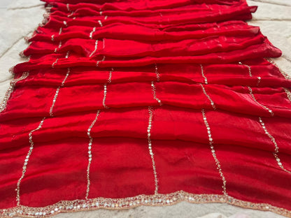 Beautiful Red Color Mirror Work Fendy Tissue Saree with Blouse Piece