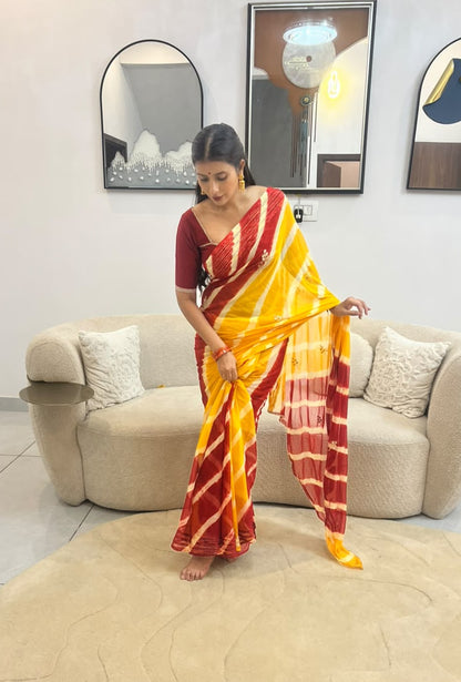 Beautiful Red and Yellow Soft Chiffon Minimal work Lahariya Saree