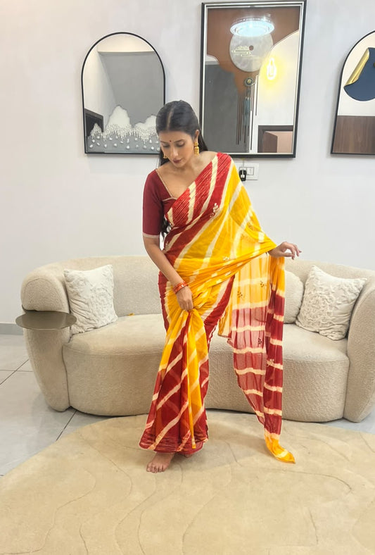 Beautiful Red and Yellow Soft Chiffon Minimal work Lahariya Saree
