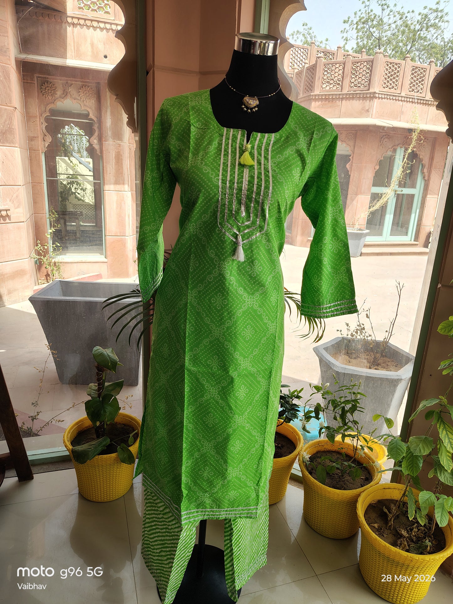 Green Bandhej Cotton Co-Ord Set with Gota Work (Size: XL)