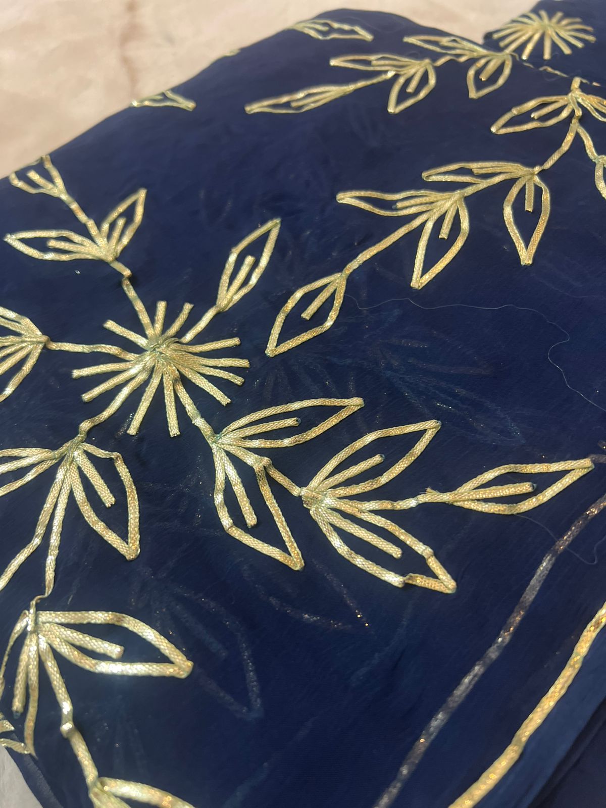 Pure Chiffon Gota Zaal Work Royal Blue Saree with Pure Crêpe Gota Zaal Work Blouse Piece